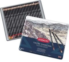 Derwent Tinted Charcoal Renkli Kömür Füzen Set 24'lü Teneke Kutu