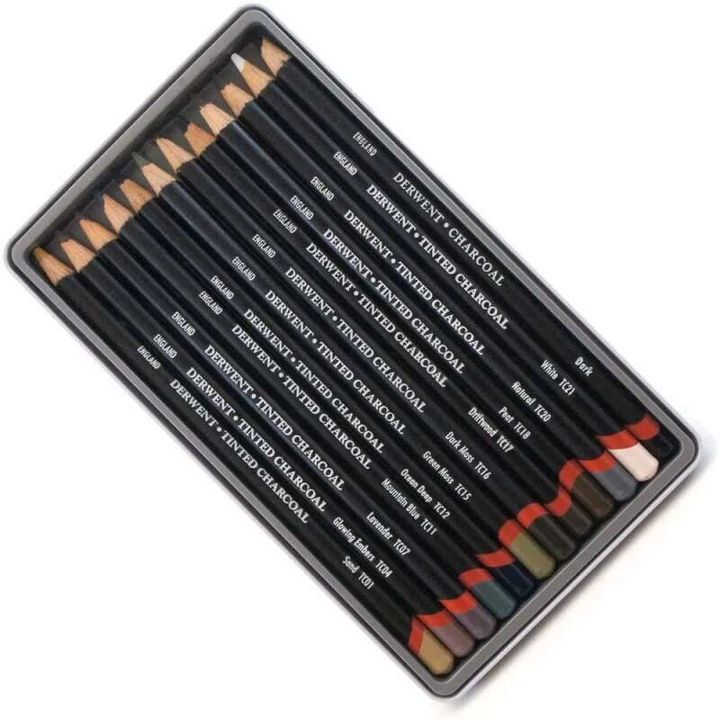 Derwent Tinted Charcoal Renkli Kömür Füzen Set 12'li Teneke Kutu