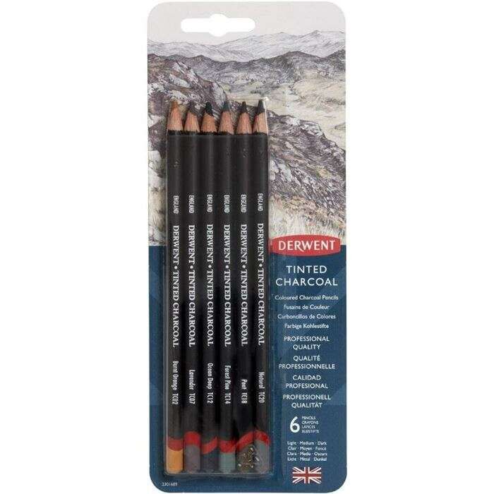 Derwent Tinted Charcoal Renkli Kömür Füzen Set 6'lı Teneke Kutu